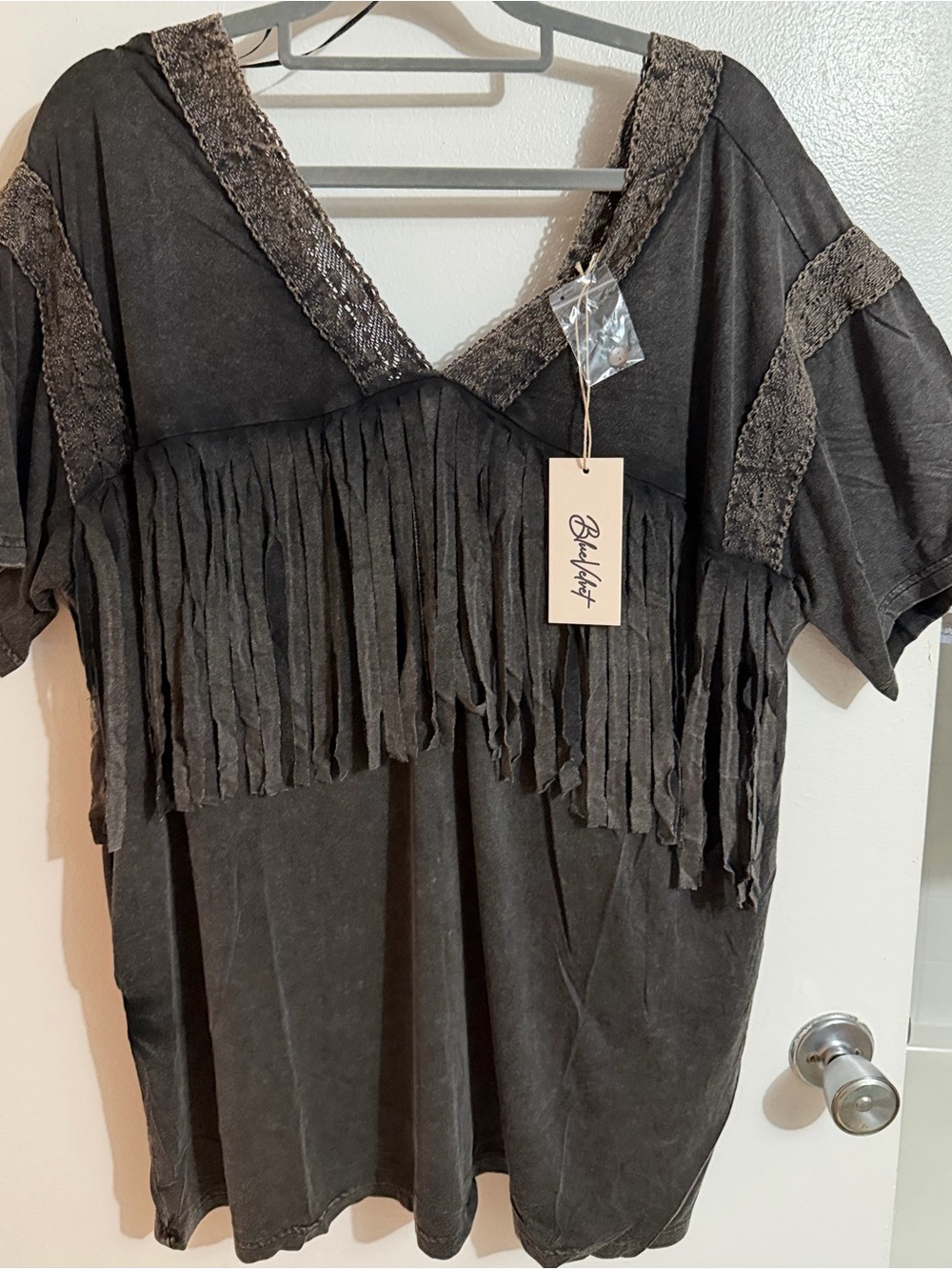BlueVelvet Women's Fringe Lace V-Neck Top in Charcoal
